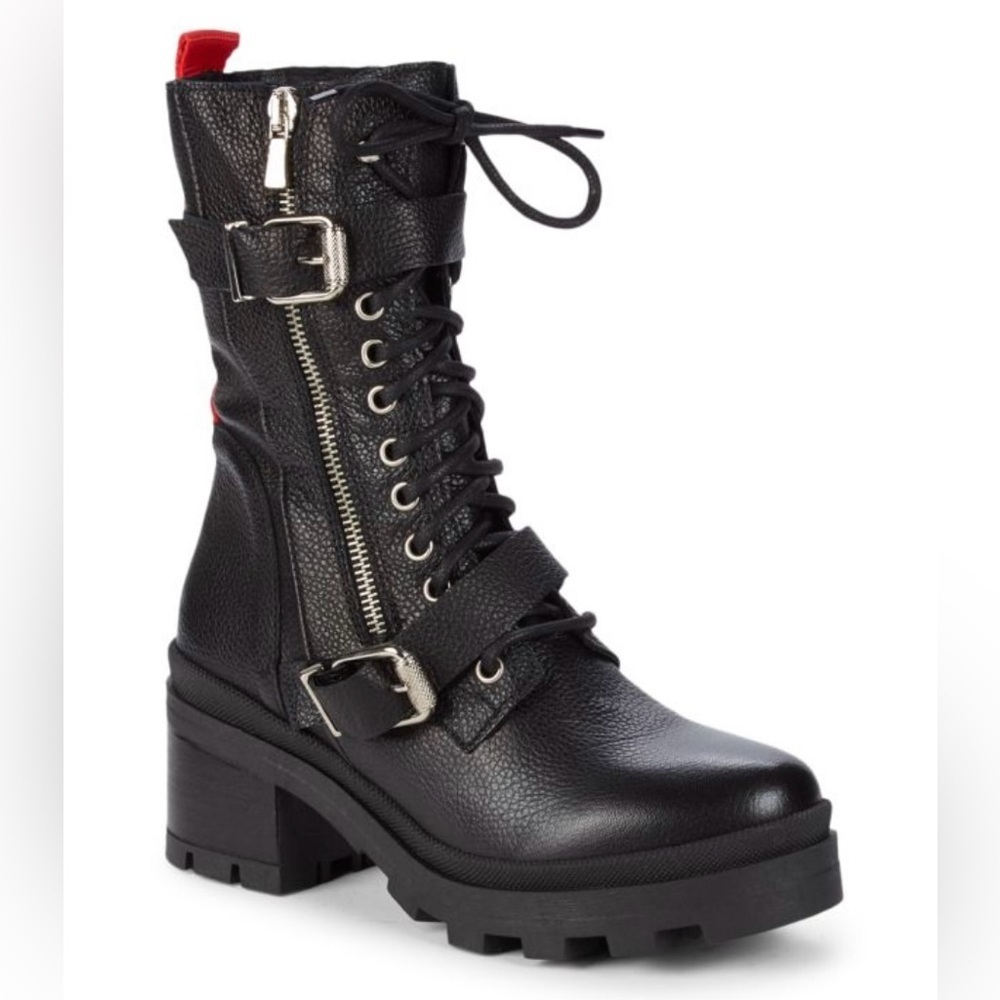 Charles David Women's Jessy Buckled Lace Up Zip Boots Silver Tone Hardware 39